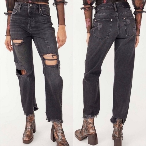 NWT Free People Baggy Tapered Boyfriend Jeans in Obsidian Black